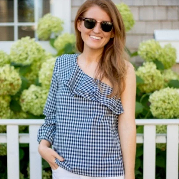 J. Crew Gingham Ruffle Blouse Sz. 4 - Picture 3 of 7